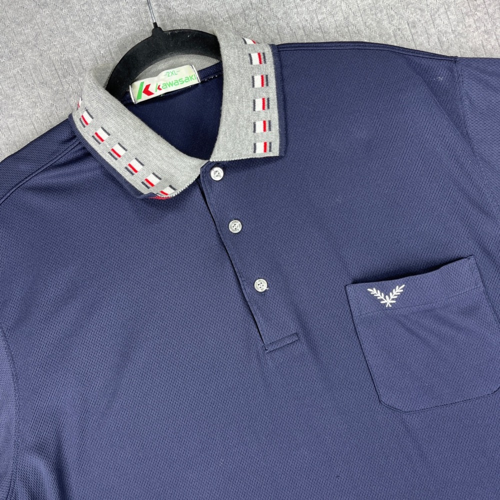 Vintage Kawasaki Polo Shirt Mens 2XL Navy Blue Short Sleeve Mesh Pocket Racing